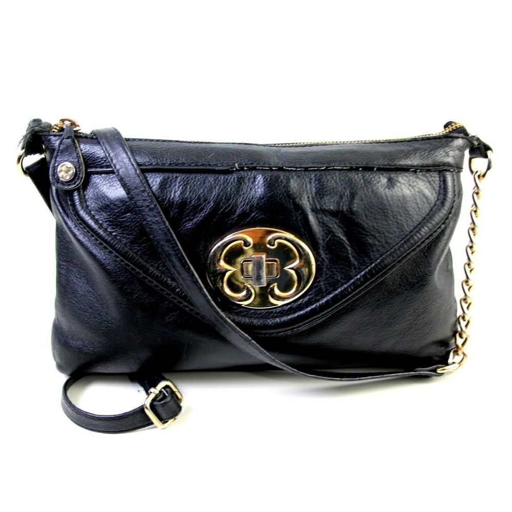 EMMA FOX BLACK GENUINE LEATHER CHAIN STRAP CLUTCH X-BODY SHOULDER BAG HANDBAG